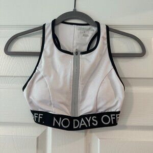 Forever 21 “No Days Off” Zip Front Sports Bra — White / Black Trim — Size S